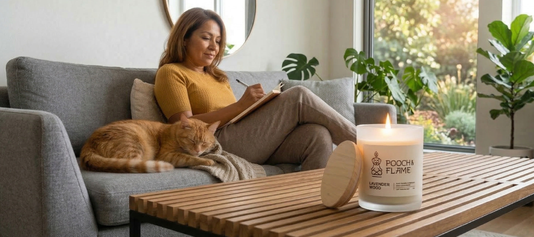A Latina woman writes in her journal with a lit Pooch & Flame soywax candle on a table